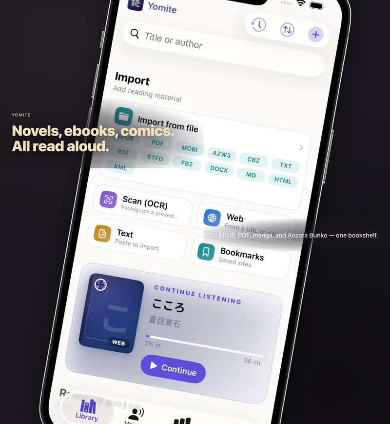 Yomite library screen: import reading material from files (EPUB, PDF, MOBI, CBZ and more), OCR scan, pasted text, the web or bookmarks